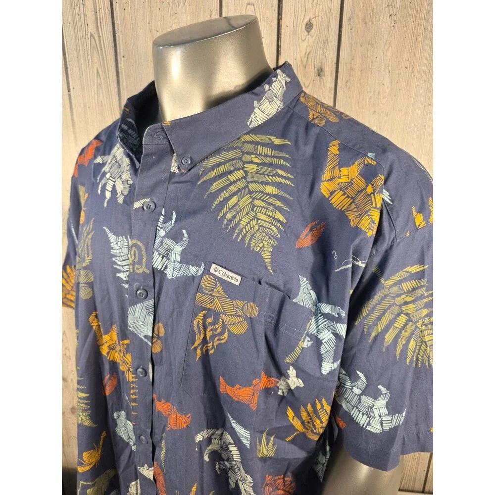 Columbia PFG Bigfoot Fish Print Button Up Shirt Navy 6XL Regular Fit